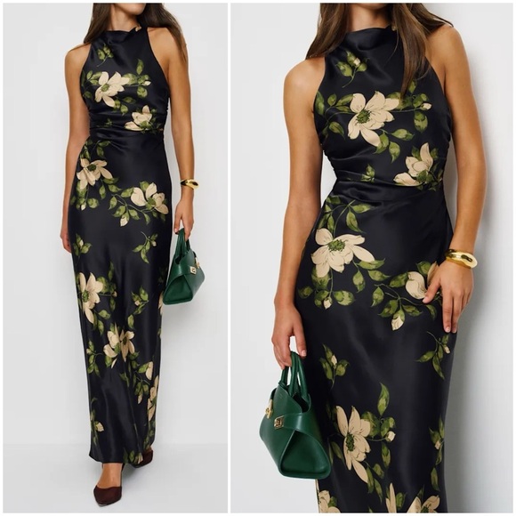 NEW Reformation Anaiis Silk Long Black Floral Backless Dress Mood for Love US 4 - Picture 3 of 16